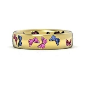Gold tone Ring with blue and pink Rignstone